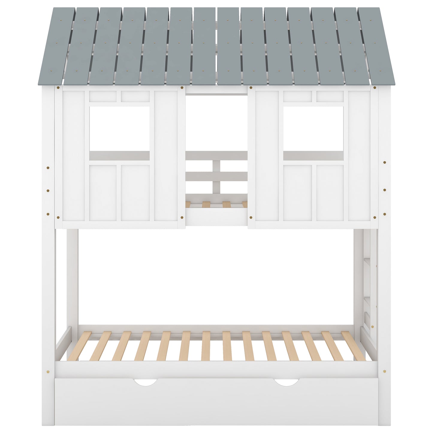 House Bunk Bed with Trundle,Roof and Windows,White(OLD SKU:GX000705AAK)