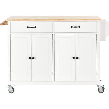 Kitchen Island Cart with Solid Wood Top and Locking Wheels，54.3 Inch Width，4 Door Cabinet and Two Drawers，Spice Rack, Towel Rack （White）