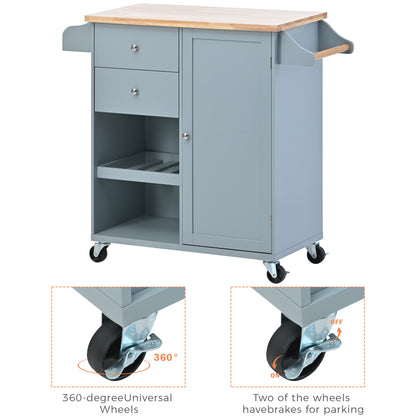 K&K Store Kitchen Cart with Spice Rack ,Towel Rack & Two Drawers,Rubber wood top,Kitchen Island with 4 Wheels for Dining Rooms Kitchens Living Rooms, Grey Blue