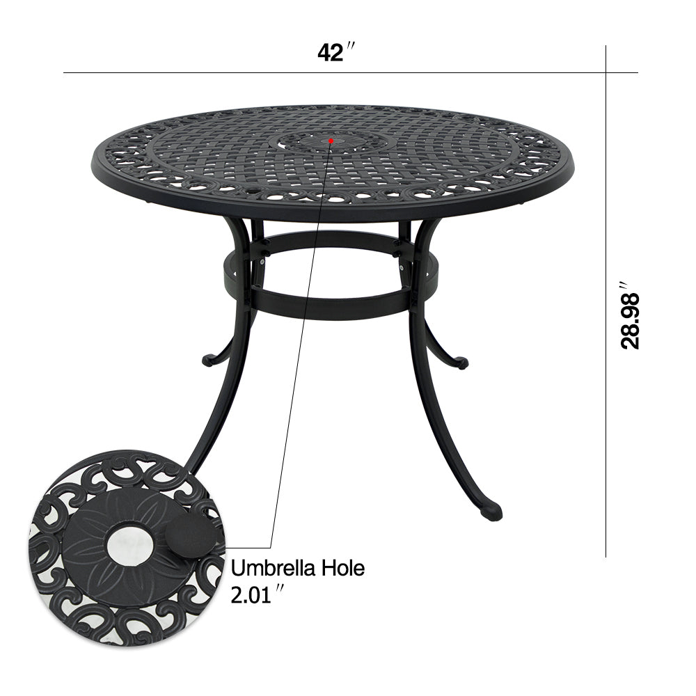 42 Inch Cast Aluminum Patio Table with Umbrella Hole,Round Patio Bistro Table for Garden, Patio, Yard, Black with Antique Bronze at The Edge