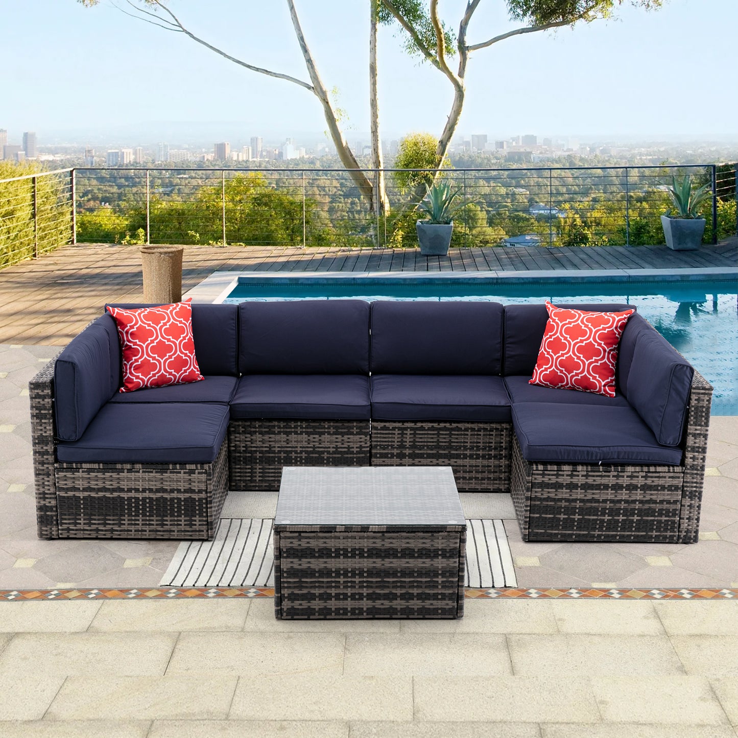 7Pcs Outdoor Garden Patio Furniture  PE Rattan Wicker  Sectional Cushioned Sofa Sets with 2 Pillows and Coffee Table