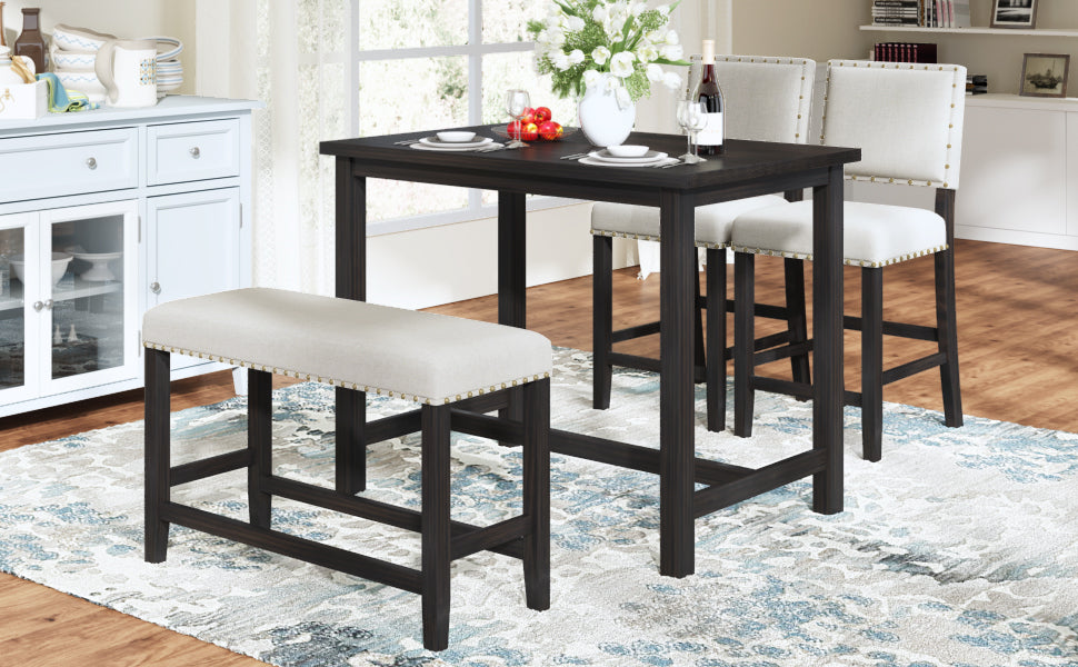 TOPMAX 4 Piece Rustic Wooden Counter Height Dining Table Set with Upholstered Bench for Small Places, Espresso+ Beige