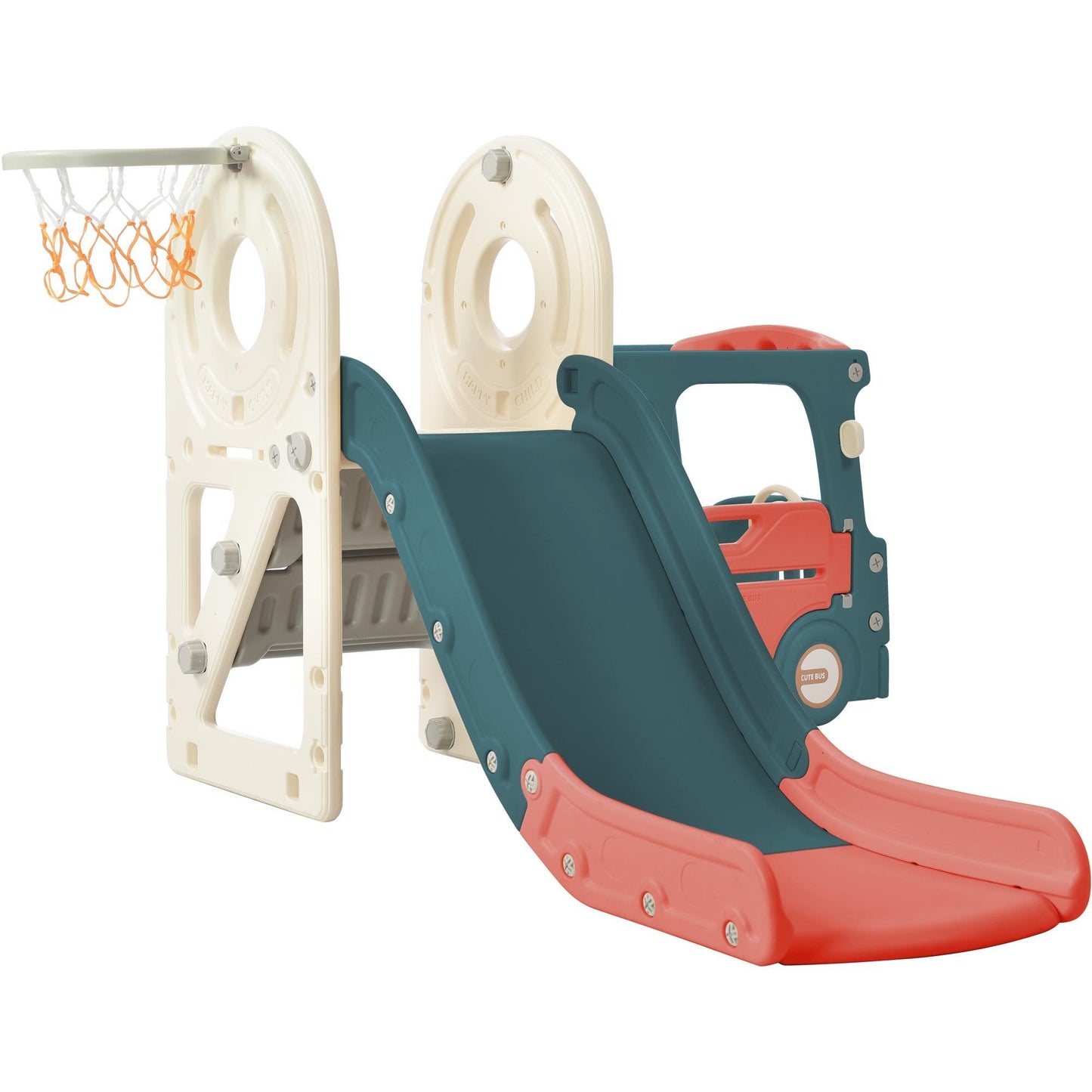 Kids Slide with Bus Play Structure, Freestanding Bus Toy with Slide for Toddlers, Bus Slide Set with Basketball Hoop