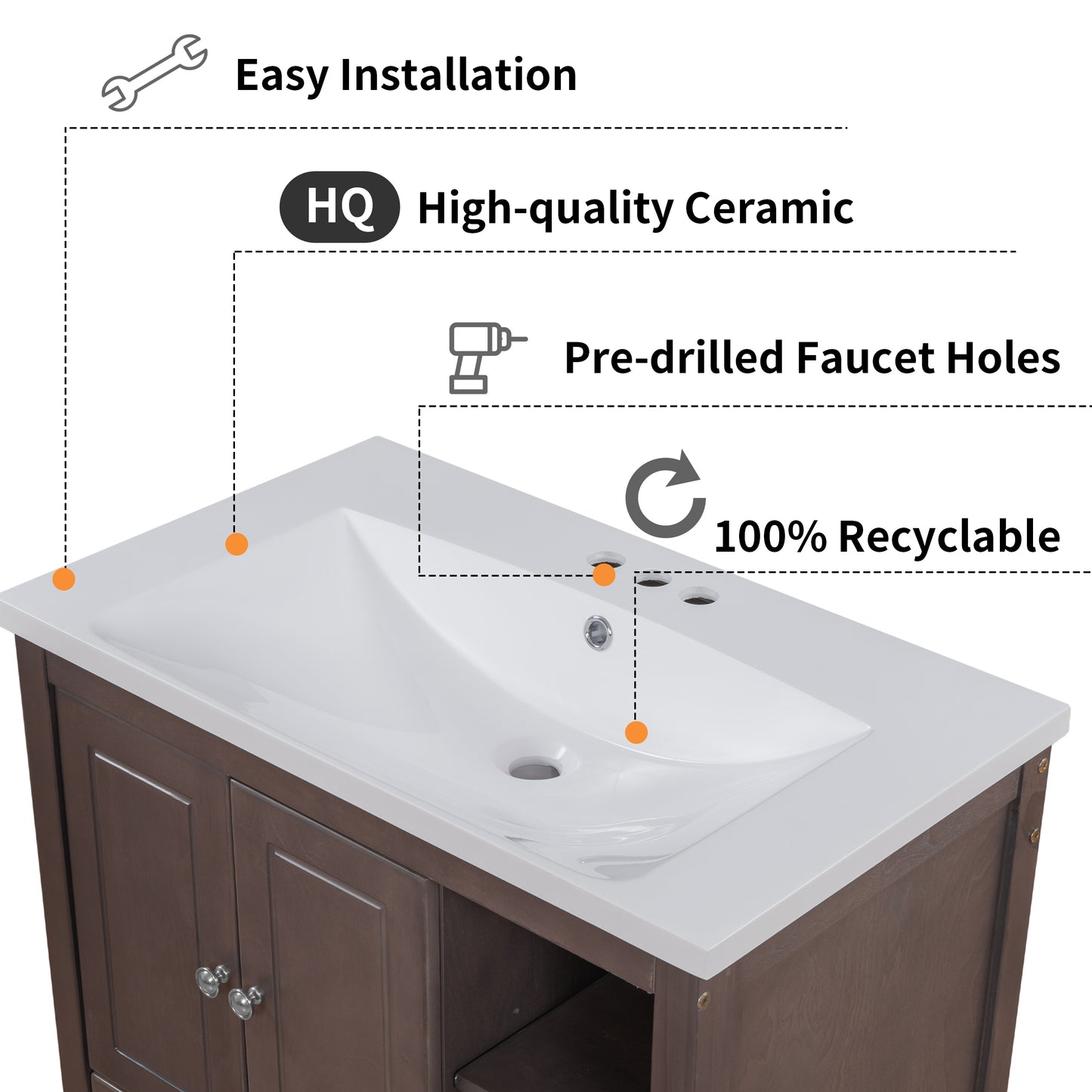 30" Single Bathroom Vanity Top with White Basin, 3-Faucet Holes, Ceramic, White