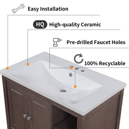 30" Single Bathroom Vanity Top with White Basin, 3-Faucet Holes, Ceramic, White