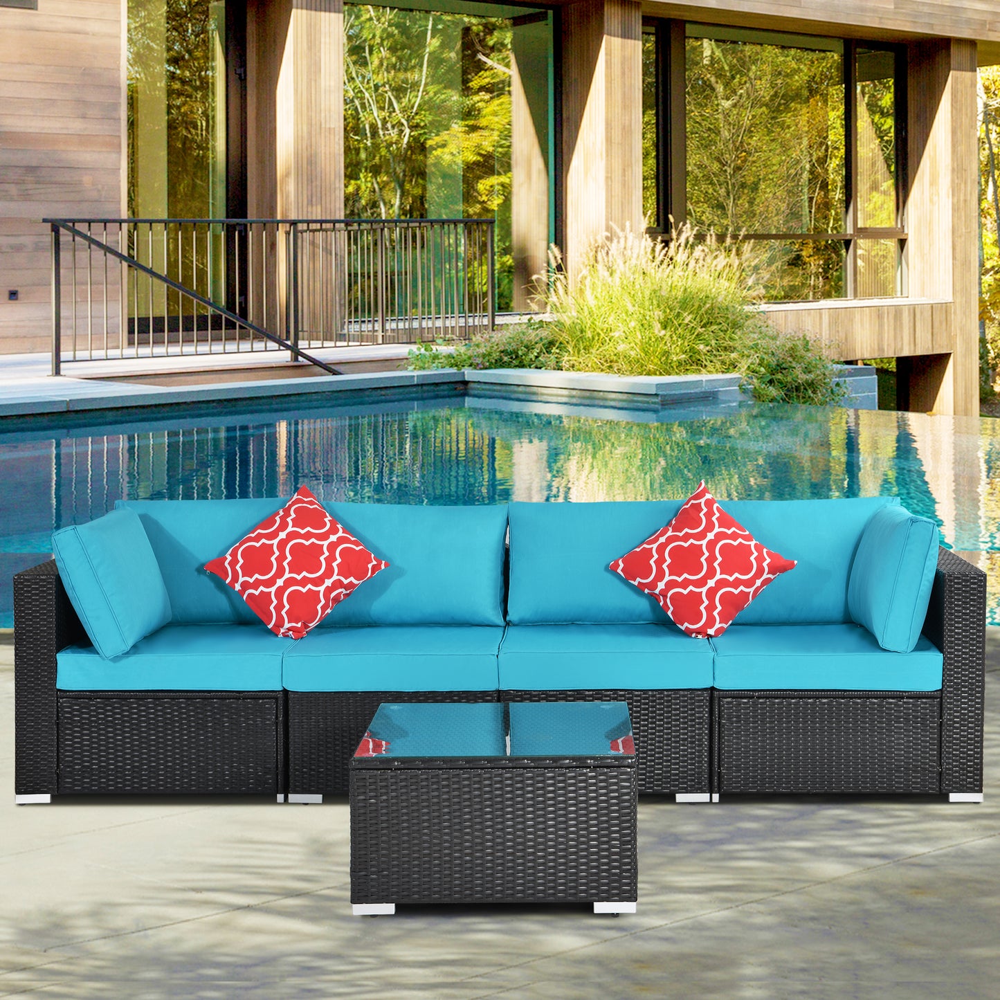 Outdoor Garden Patio Furniture 5-Piece PE Rattan Wicker Cushioned Sofa Sets with 2 Pillows and Coffee Table.outdoor couch；outdoor sectional；porch furniture；patio couch；outdoor sofa；patio furniture set