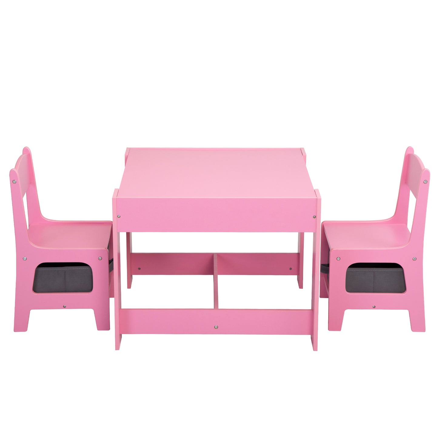 3-in-1 Kids Wood Table and 2 Chairs, Children Activity Table Set with Storage, Blackboard, Double-Sided Table for Drawing,Pink & Gray