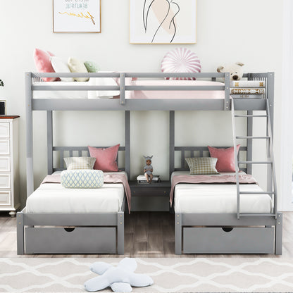 Full Over Twin & Twin Bunk Bed, Wood Triple Bunk Bed with Drawers and Guardrails  (Gray) （OLD SKU:LP000143AAE）