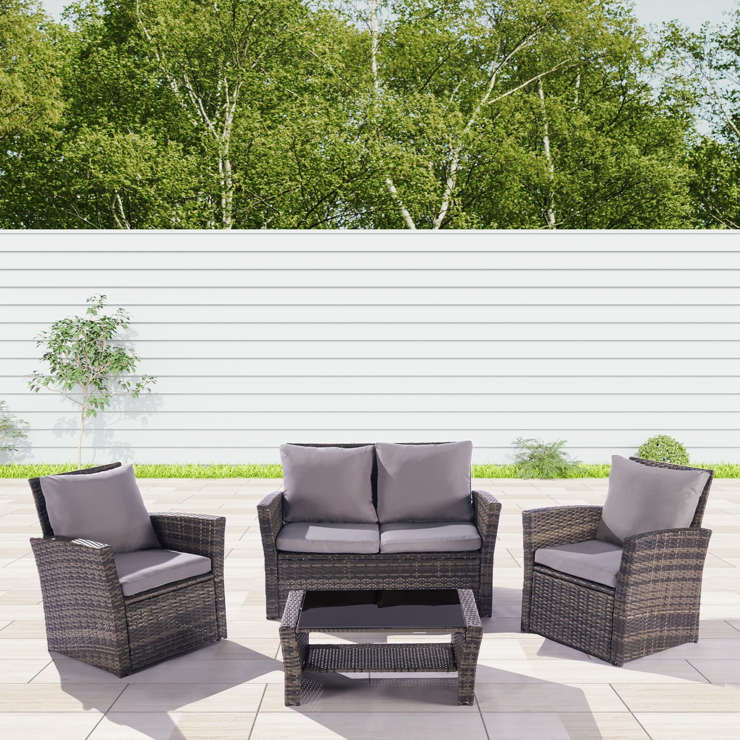 Outdoor Rattan 4 Pieces Furniture Sofa And Table Set Gray rattan + gray cushion