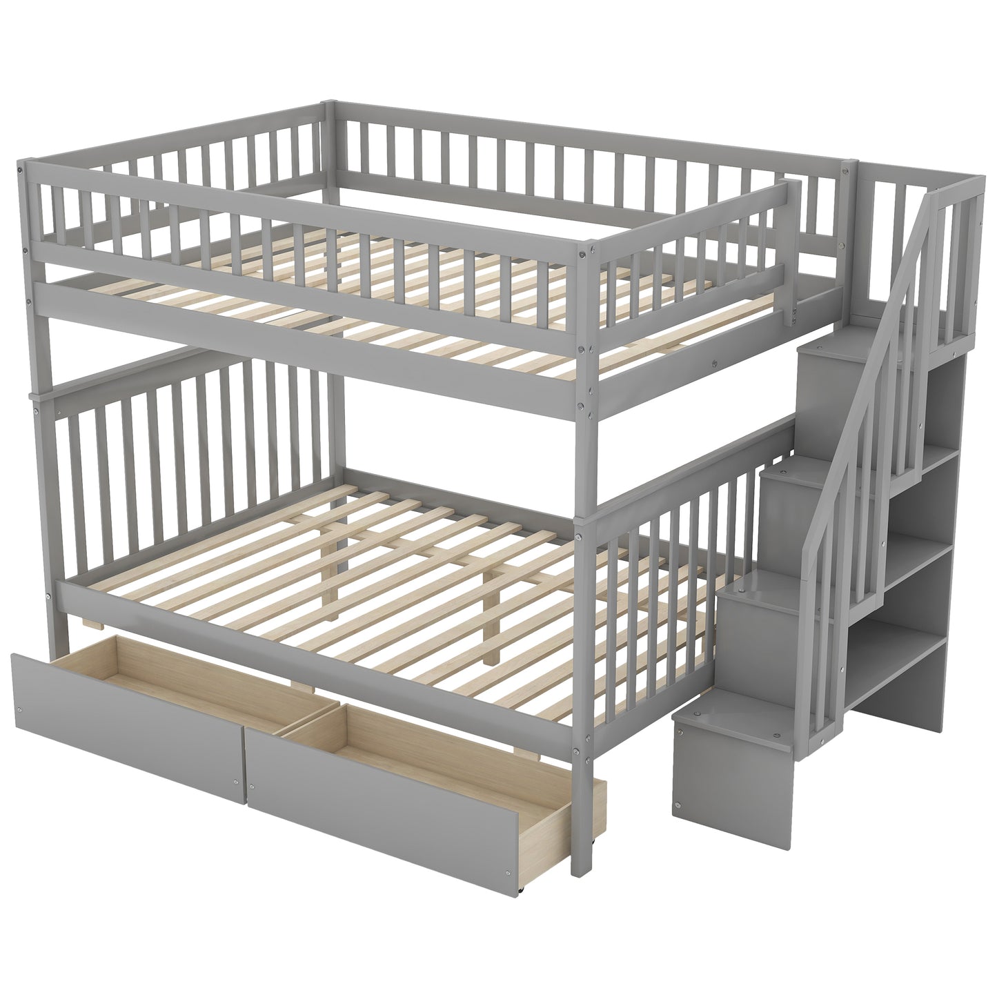 Full over Full Bunk Bed with Two Drawers and Storage, Gray