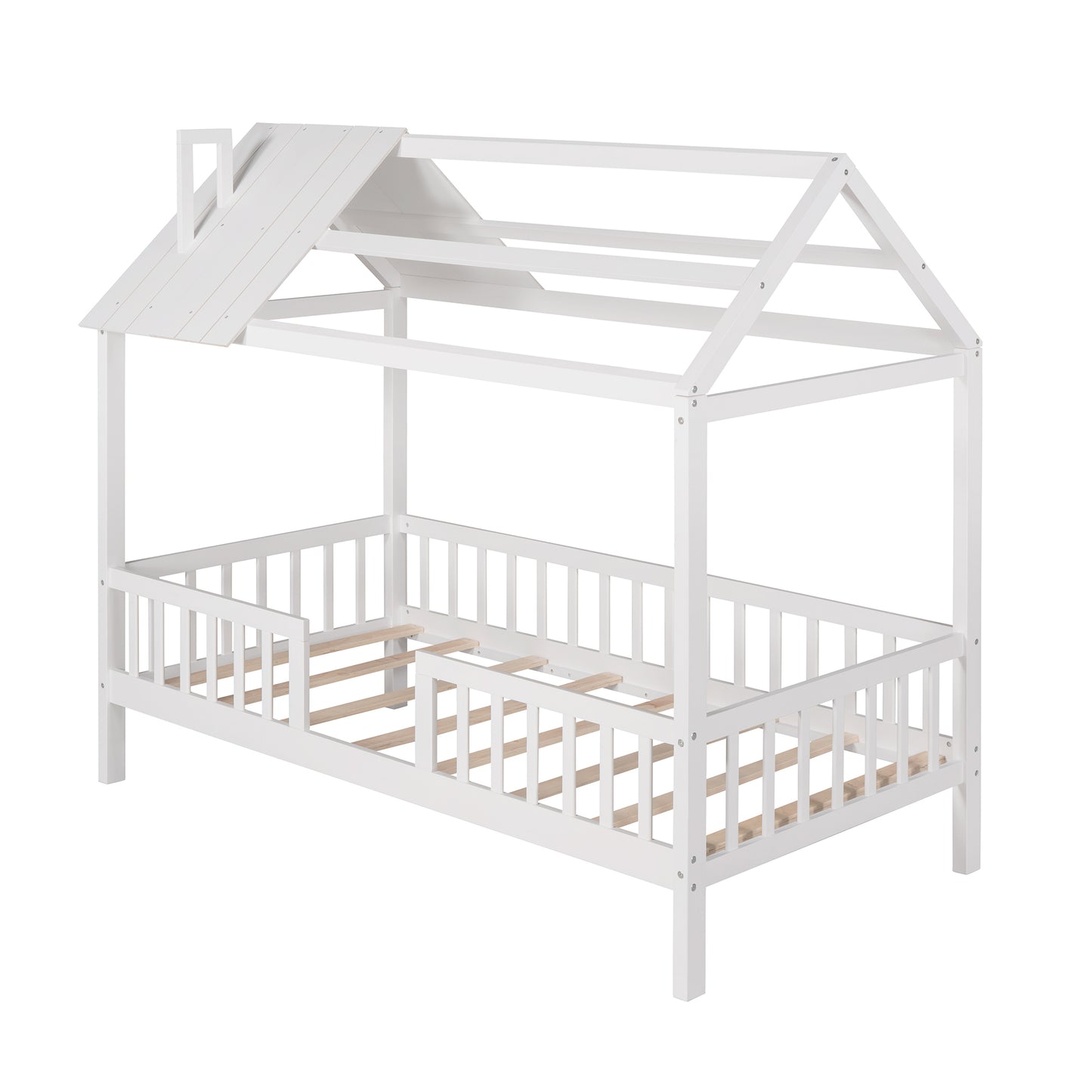 Twin Size Wood House Bed with Fence, White