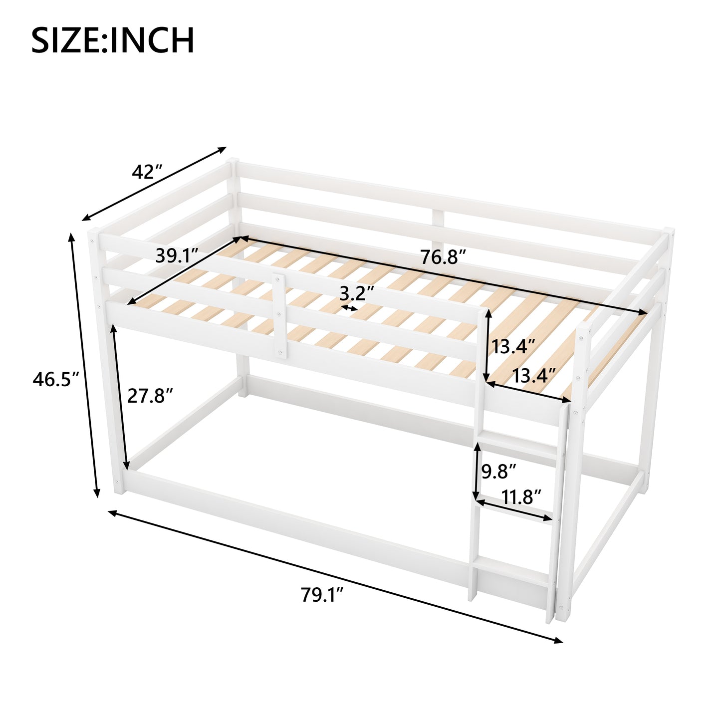 Twin over Twin Floor Bunk Bed with Ladder , White(Old SKU:WF281727AAK/WF286602AAK)