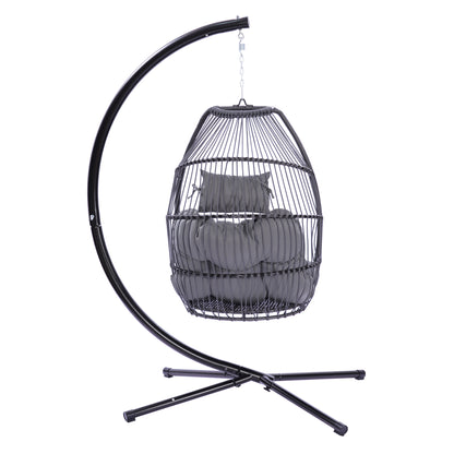 Outdoor Patio Wicker Folding Hanging Chair,Rattan Swing Hammock Egg Chair With C Type Bracket, With Cushion And Pillow