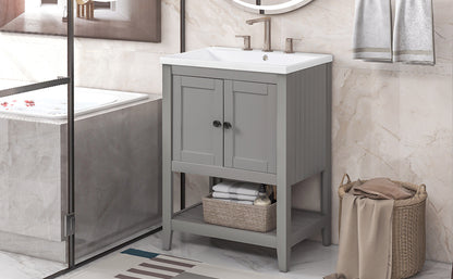 [VIDEO] 24" Grey Modern Sleek Bathroom Vanity Elegant Ceramic Sink with Solid Wood Frame Open Style Shelf (OLD SKU: JL000001AAE)