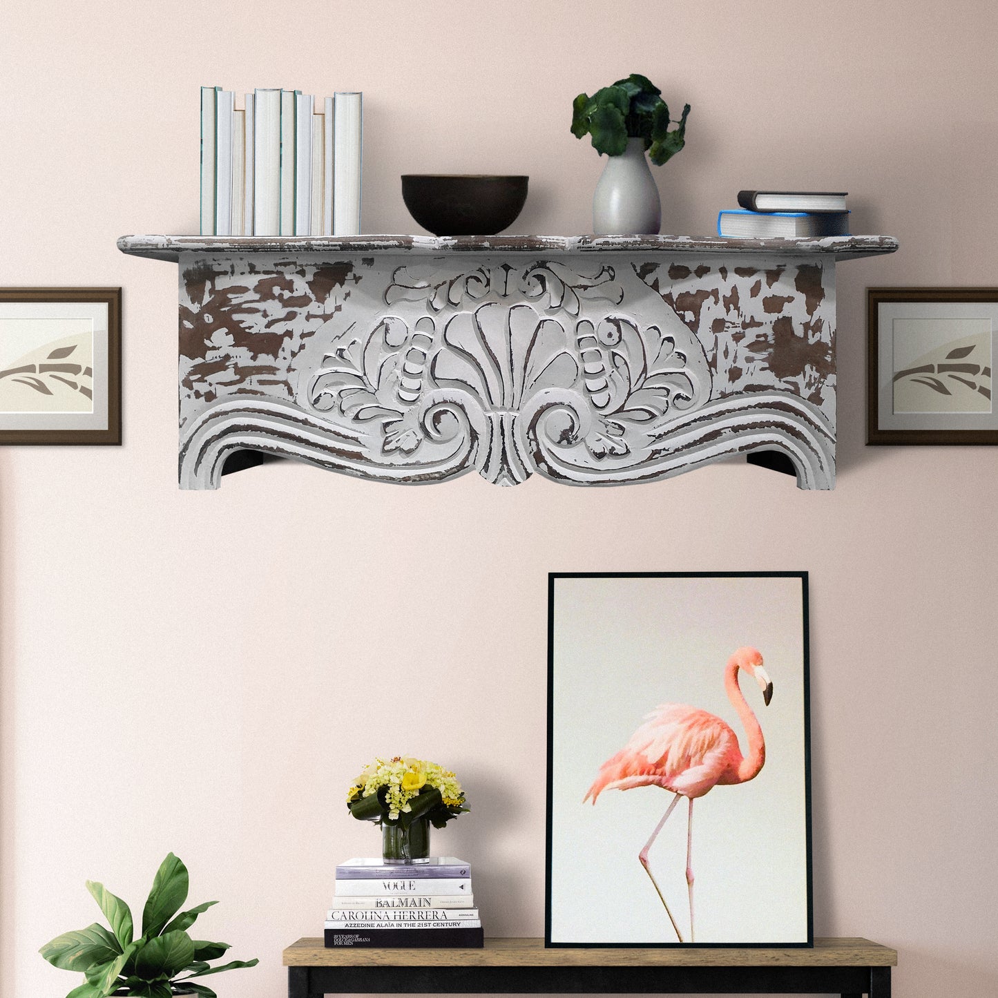 28 Inch Handcrafted Floating Wall Shelf, Ornate Carved Wood With Engraved Floral Details, Distressed White