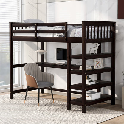 Twin Size Loft Bed with Storage Shelves and Under-bed Desk, Espresso(OLD SKU:SM000245AAP-1)