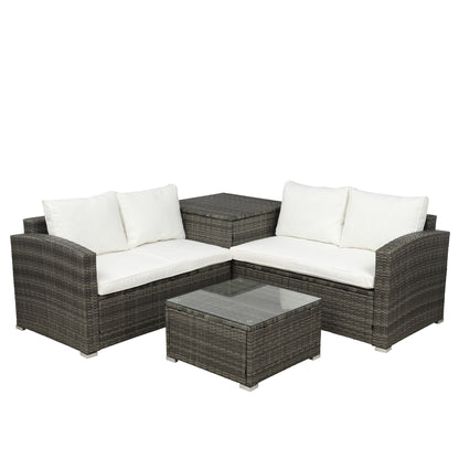 TOPMAX 4 PCS Outdoor Cushioned PE Rattan Wicker Sectional Sofa Set Garden Patio Furniture Set (Beige Cushion)