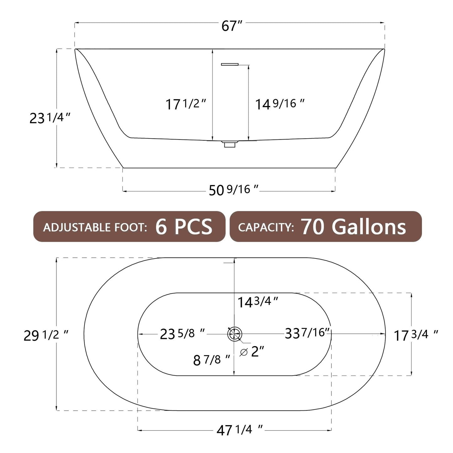 67" Acrylic Free Standing Tub - Classic Oval Shape Soaking Tub, Adjustable Freestanding Bathtub with Integrated Slotted Overflow and Chrome Pop-up Drain Anti-clogging Gloss White