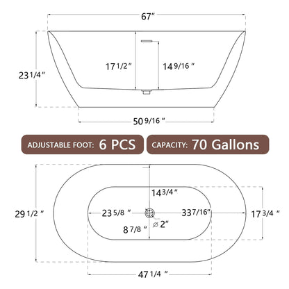 67" Acrylic Free Standing Tub - Classic Oval Shape Soaking Tub, Adjustable Freestanding Bathtub with Integrated Slotted Overflow and Chrome Pop-up Drain Anti-clogging Gloss White