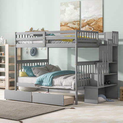 Full Over Full Bunk Bed with 2 Drawers and Staircases, Convertible into 2 Beds, the Bunk Bed with Staircase and Safety Rails for Kids, Teens, Adults, Grey