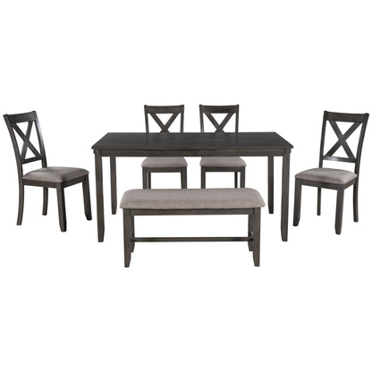 TREXM 6-Piece Kitchen Dining Table Set Wooden Rectangular Dining Table, 4 Fabric Chairs and Bench Family Furniture (Grey)