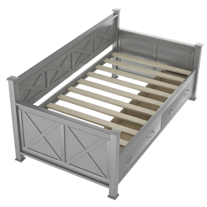 Twin Size Daybed with 2 Large Drawers, X-shaped Frame, Modern and Rustic Casual Style Daybed, Gray(New)