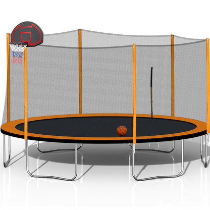 14FT Powder-coated Advanced Trampoline with Basketball Hoop Inflator and Ladder(Outer Safety Enclosure) Orange