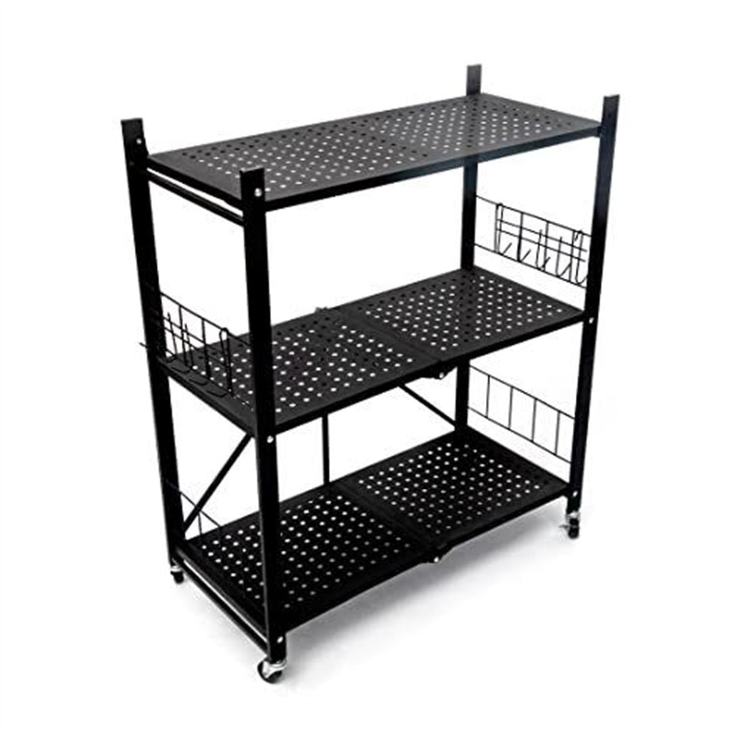 3-Tier Foldable Storage Shelves With Wheels, Metal Folding Organizer Rack