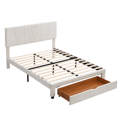 Queen Size Upholstery Platform Bed with One Drawer,Adjustable Headboard, Beige