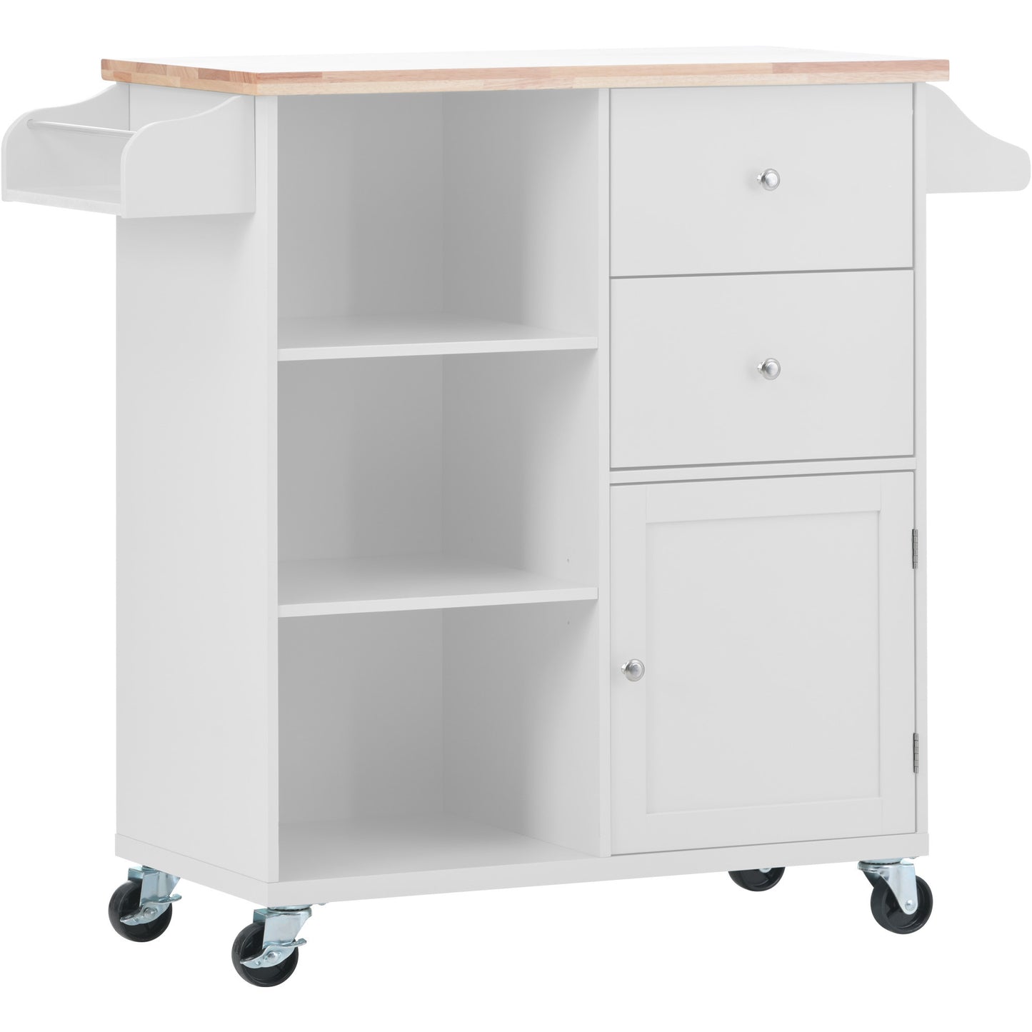 K&K Store Kitchen Cart on 4 Wheels with 2 Drawers and 3 Open Shelves, Kitchen Island with Rubber Wood top for Dinning Room, White