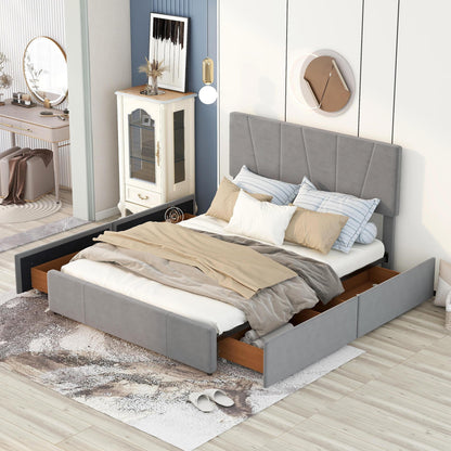 Queen Size Upholstery Platform Bed with Four Drawers on Two Sides,Adjustable Headboard,Grey