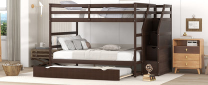 Full-over-Full Bunk Bed with Twin Size Trundle and 3 Storage Stairs,Espresso