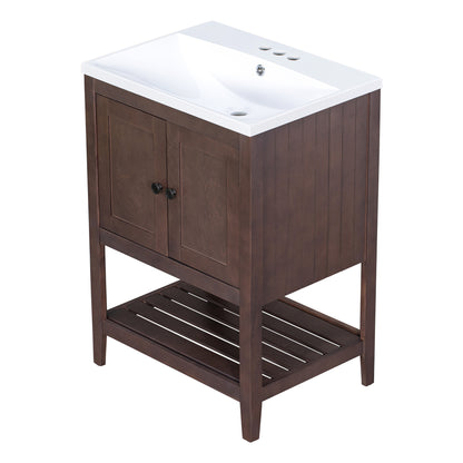 [VIDEO] 24" Brown Modern Sleek Bathroom Vanity Elegant Ceramic Sink with Solid Wood Frame Open Style Shelf