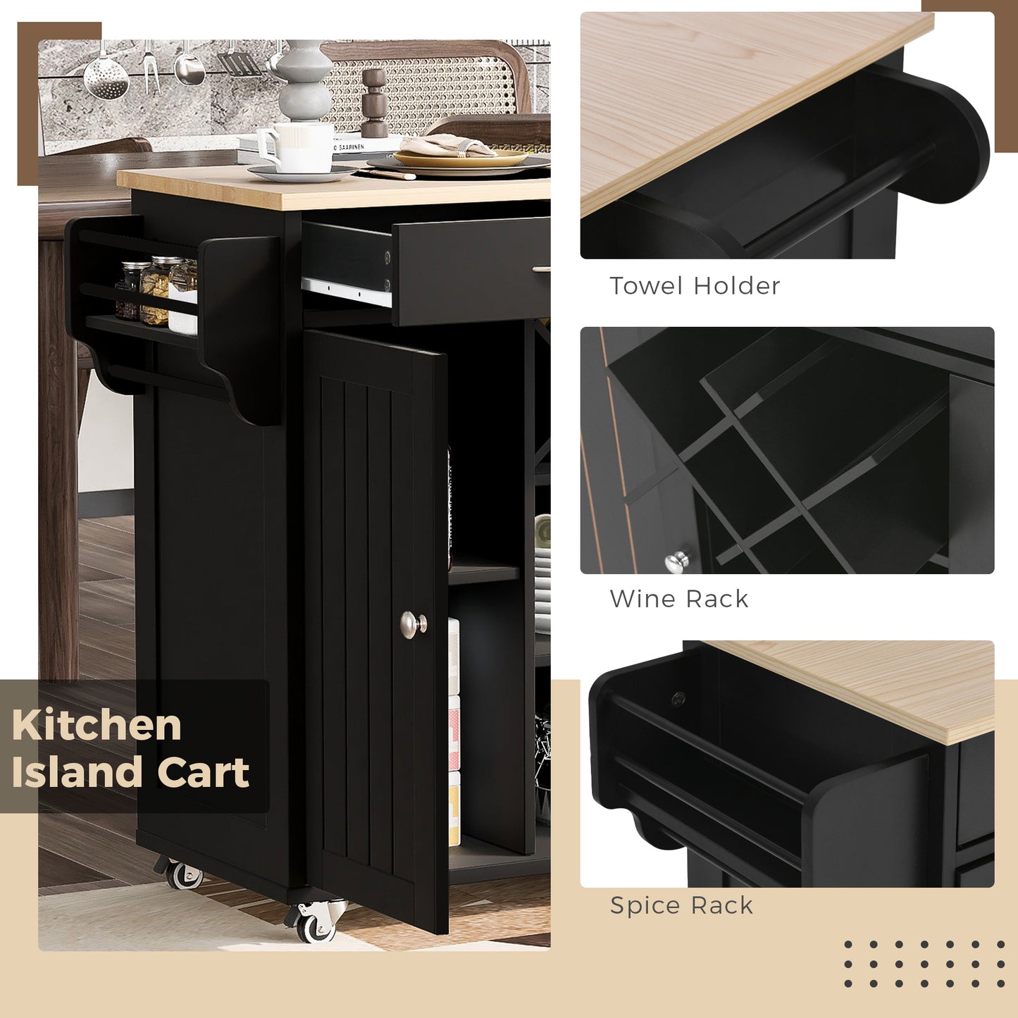 K&K Store Kitchen Island Cart with Two Storage Cabinets and Four Locking Wheels，Wine Rack, Two Drawers,Spice Rack, Towel Rack （Black）