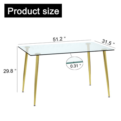 Modern Minimalist Rectangular Glass  Dining Table for 4-6 with 0.31" Tempered Glass Tabletop and Golden plating Metal Legs, Writing Table Desk, for Kitchen Dining Living Room, 51" W x 31"D x 30" H