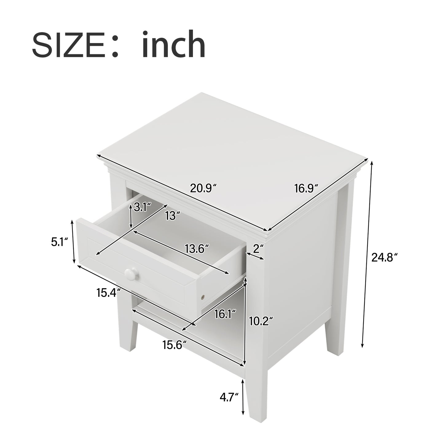 Traditional Concise Style White Solid Wood One-Drawer Nightstand