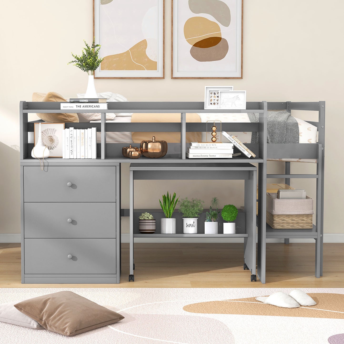 Full Size Low Loft Bed with Rolling Portable Desk, Drawers and Shelves,  Gray