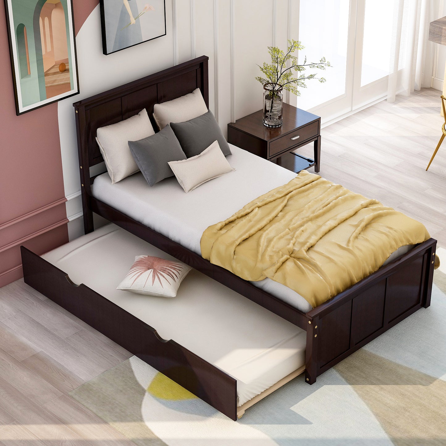 Platform Bed with Twin Size Trundle, Twin Size Frame, Espresso (New SKU:WF283063AAP)