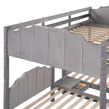 Full Over Twin & Twin Bunk Bed, Velvet Triple Bunk Bed with Drawers and Guardrails, Gray