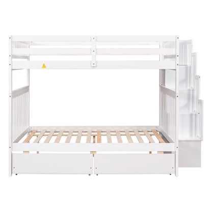 Full Over Full Bunk Bed with 2 Drawers and Staircases, Convertible into 2 Beds, the Bunk Bed with Staircase and Safety Rails for Kids, Teens, Adults, White