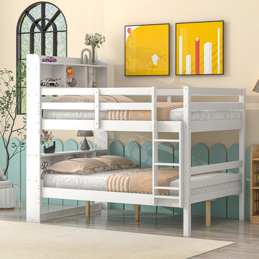 Full Over Full Bunk Beds with Bookcase Headboard, Solid Wood Bed Frame with Safety Rail and Ladder, Kids/Teens Bedroom, Guest Room Furniture, Can Be converted into 2 Beds, White