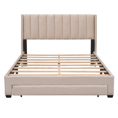 Queen Size Storage Bed Velvet Upholstered Platform Bed with a Big Drawer - Beige