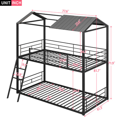 Twin Over Twin Bunk Bed Metal Bed with Half Roof, Guardrail and Ladder Black