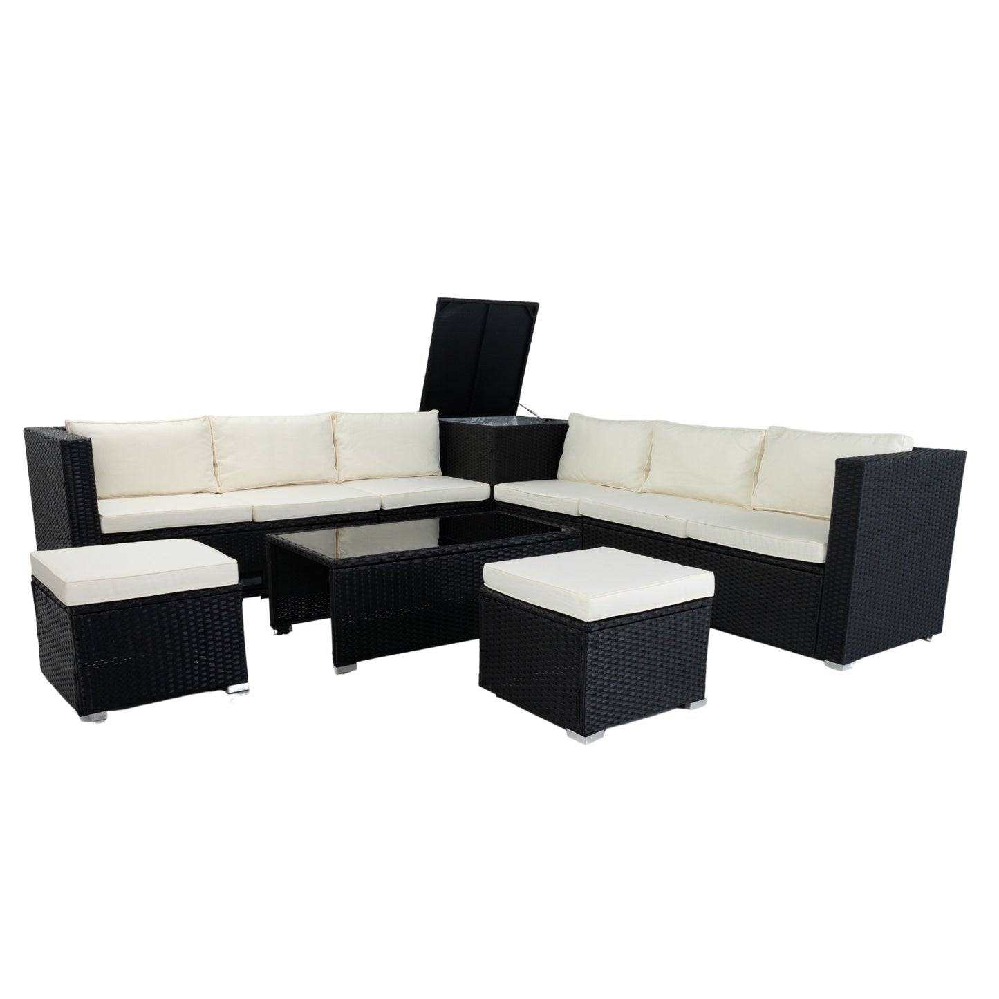 8 Piece Patio Sectional Wicker Rattan Outdoor Furniture Sofa Set with One Storage Box Under Seat and Cushion Box