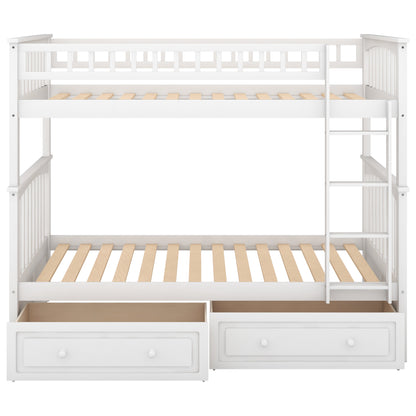 Twin over Twin Bunk Bed with Drawers, Convertible Beds, White