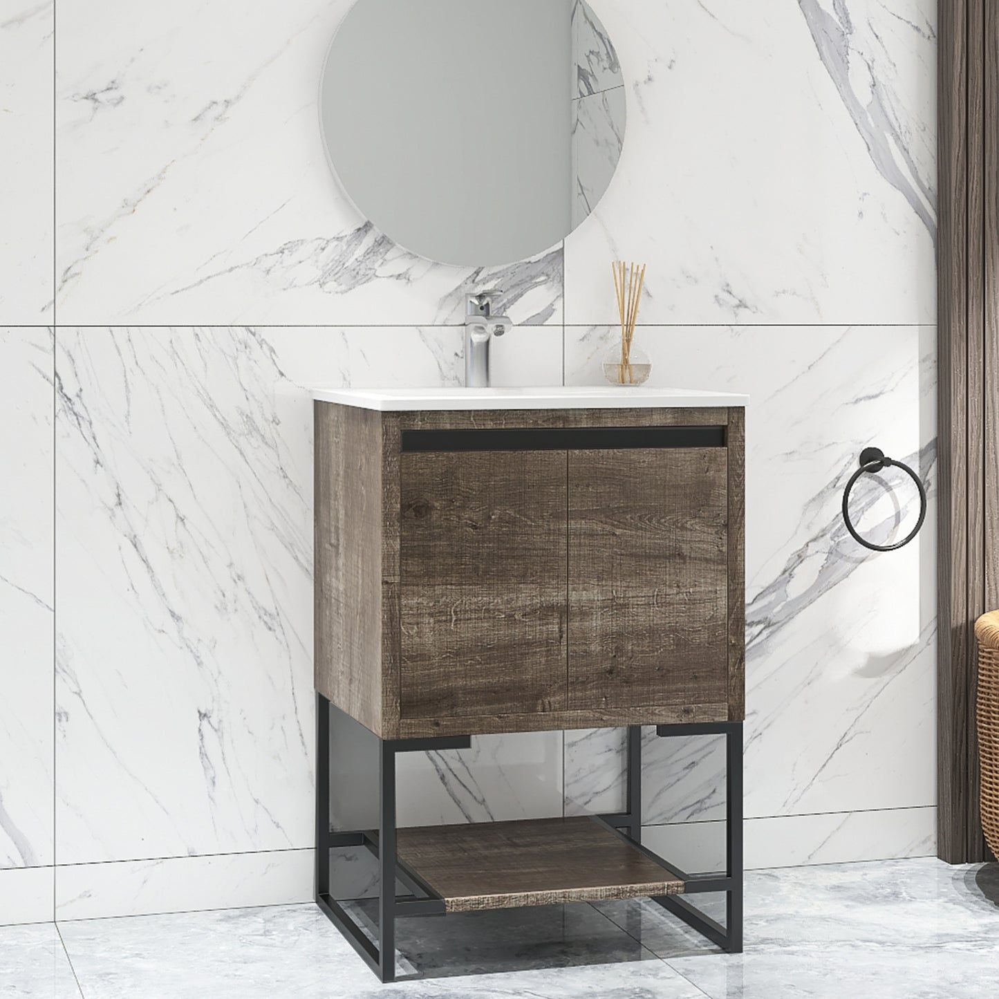 24 inches Wood Freestanding Bathroom Vanity Combo with Integrated Ceramic Sink and 2 Soft Close Doors