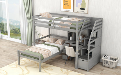 Twin Size Loft Bed with a Stand-alone Bed, Storage Staircase, Desk, Shelves and Drawers, Gray