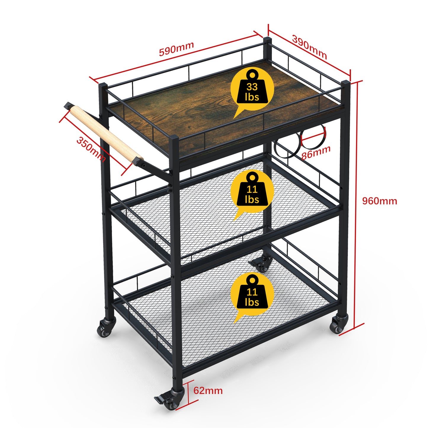 3 Tier Metal Mesh Rolling Storage Cart, Mesh Storage Pantry Cart with Lockable Wheels Wood Look Top and Metal Frame，Rolling Utility Cart for Kitchen Bathroom, Office, Library, Coffee Bar