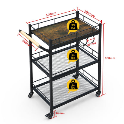 3 Tier Metal Mesh Rolling Storage Cart, Mesh Storage Pantry Cart with Lockable Wheels Wood Look Top and Metal Frame，Rolling Utility Cart for Kitchen Bathroom, Office, Library, Coffee Bar