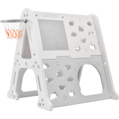 5-in-1 Toddler Climber Basketball Hoop Set Kids Playground Climber Playset with Tunnel, Climber, Whiteboard,Toy Building Block Baseplates, Combination for Babies